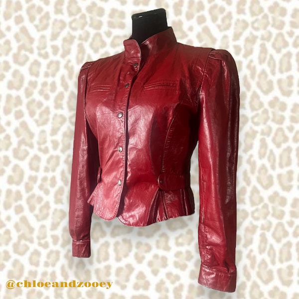 80s Cherry Red Vintage Leather Jacket 1980s Eighties Feminine Puff Sleeves Quintessential 1980s Style
