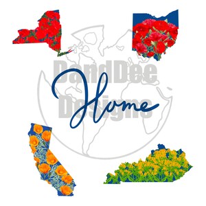 May include: A white background features a world map outline and state outlines filled with floral designs. The word "Home" is written in blue script. The states of New York, Ohio, California, and Kentucky are depicted.