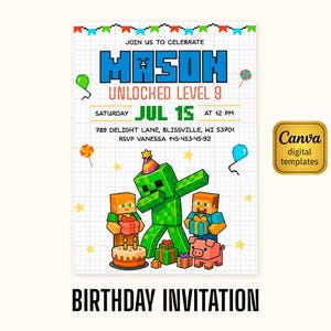 May include: A birthday invitation featuring pixelated characters and the text "MASON UNLOCKED LEVEL 9". The invitation includes the date "JUL 15" and RSVP information. The design incorporates balloons, stars, and a birthday cake.