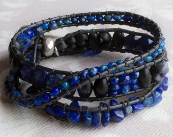 Lapis Lazuli and Onyx Leather Three Wrap Gemstone Bracelet with Silver Sand Dollar Charm Boho Sundance Style