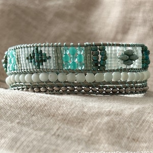 Matte Aventurine Gemstone and Silver Three Wrap Beaded Leather Bracelet Boho Sundance Style