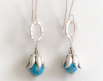Larimar Gemstone and Silver Petal Drop Earrings with Sterling Silver French Ear Wires Boho Sundance Style