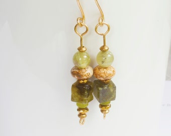 Sale - Green Garnet and Brass Dangle Earrings Boho Sundance Style