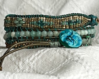 Blue Moon Three Wrap Beaded Leather Bracelet with Amazonite Gemstone Boho Sundance Style