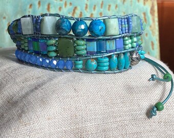 Gemstone and Glass Three Wrap Bracelet Boho Sundance Style