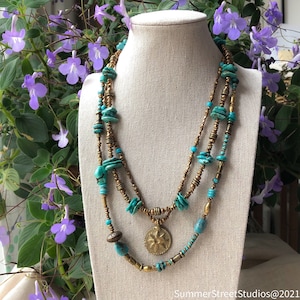 Turquoise and Brass Three Strand Necklace with Sun Pendant Boho Sundance Style