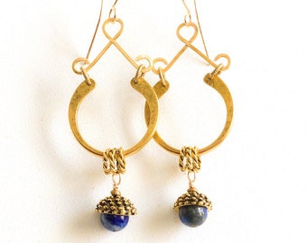 Lapis Lazuli Brass Acorn Cap Crescent Earrings with 14K Gold Filled French Ear Wires Boho Sundance Style