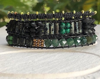 Onyx, Malachite and Moss Agate Gemstone and Macrame Beaded Leather Three Wrap Bracelet Boho Sundance Style