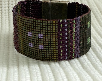 Beaded Cuff Bracelet: Burgundy Green Woven Tapestry, Silver Clasp