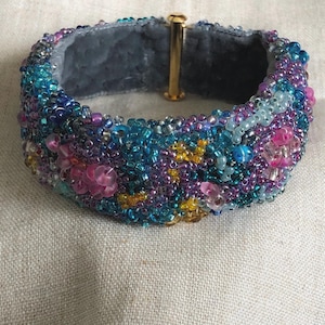 Beaded Cuff Bracelet: Waterlily Impressionist Design, Silk Velvet Lining, 7"