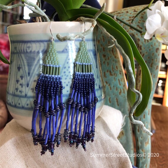 Beaded Fringe Dangle Earrings in Blue and Green Boho Sundance Style Etsy