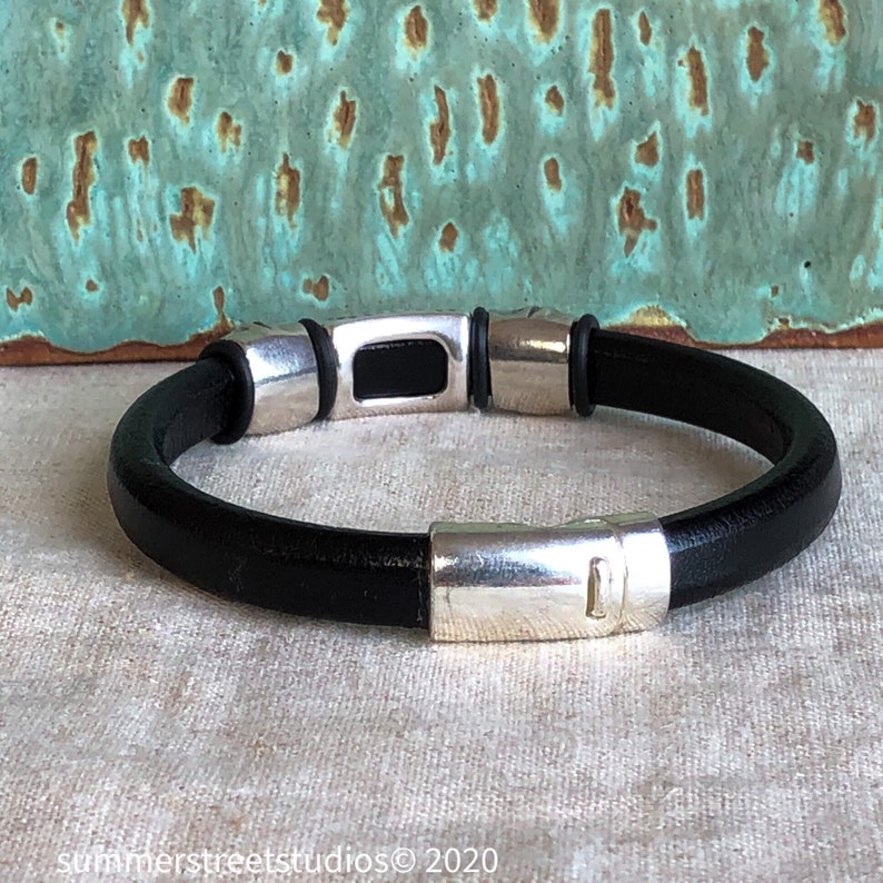 Personalise Silver and Black Leather Six Choice Bracelet with Magnetic Clasp Boho Sundance Style