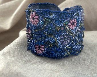 Cobalt Blue Freestyle Tapestry Beaded Couture Silk Lined Cuff Bracelet Boho Sundance Style