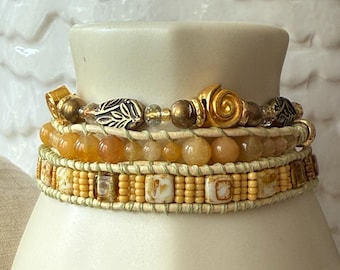 Yellow Jade and Gold Artisan Three Wrap Beaded Leather Bracelet Boho Sundance Style