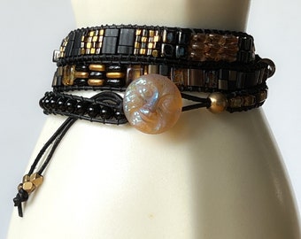 Full Moon Black Onyx and Gold Three Wrap Beaded Leather Bracelet Boho Sundance Style