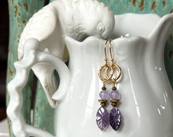 Carved Amethyst Marquis and Lavender Chalcedony Earrings with Gold French Earwires Boho Sundance Style