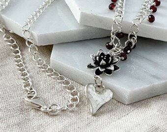 Valentine Silver Heart Necklace with Dahlia and Garnets Boho Sundance Style