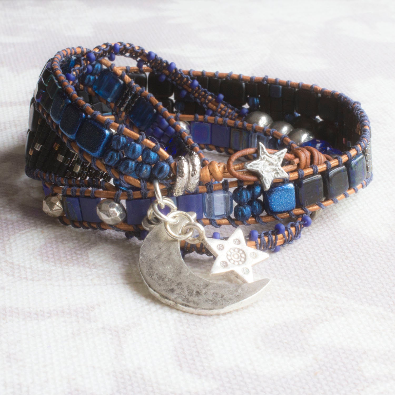 Starry Night Beaded Leather Four Wrap Bracelet Boho Sundance Style