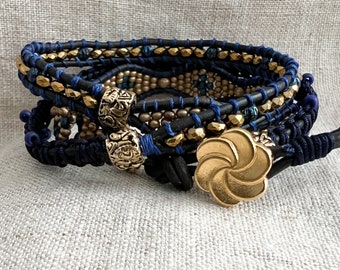 Blue and Gold Beaded Three Wrap Bracelet Boho Sundance Style