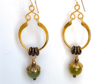 Antique Soochow Jade Earrings with Gold Plated Acorn Caps and Gold Filled French Ear Wires