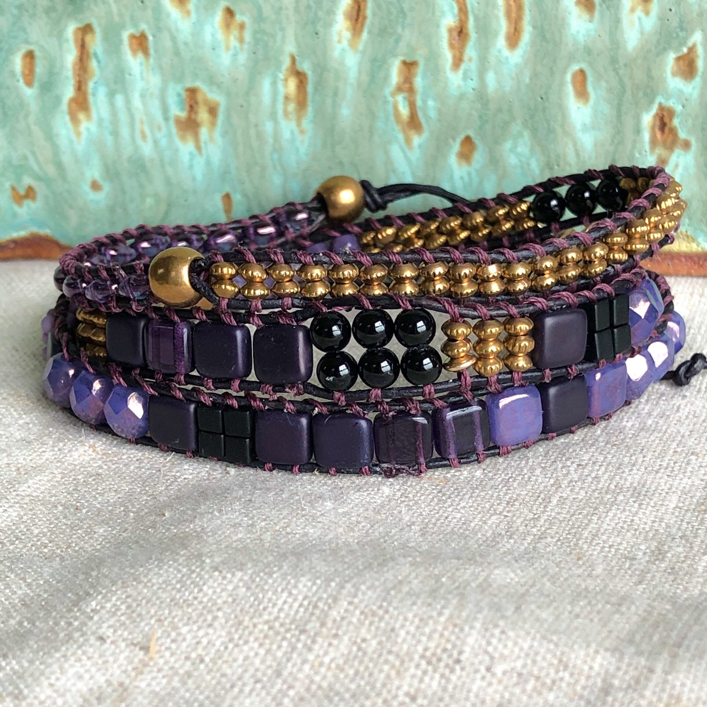 Violet, Brass and Onyx Gemstone Artisan Three Wrap Leather