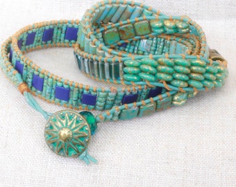 Sale -Turquoise Sun Four Wrap Sundance Style Beaded Leather Bracelet