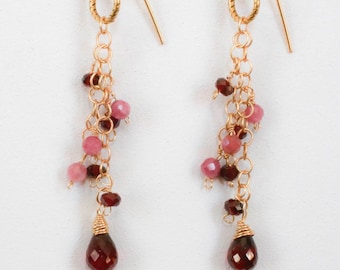 Valentine Pink Tourmaline and Faceted Garnet Gemstone Teardrop Dangle Gold Waterfall Earrings Boho Sundance Style