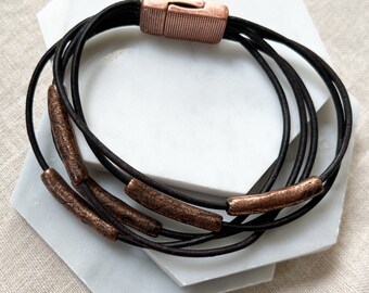 Copper and Black Multi Strand Leather Bracelet with Sliding Tube Beads and Magnetic Clasp Sundance Style