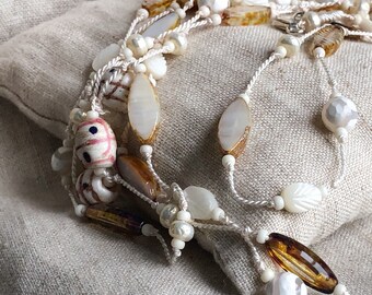 Venetian Glass and Pearl Ivory Silk Cord Bracelet/Necklace Boho Sundance Style