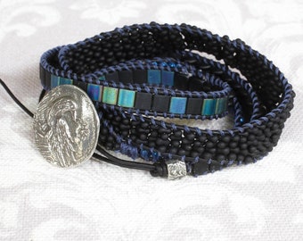 SALE -Raven Wrap Beaded Leather Bracelet Boho Sundance Style