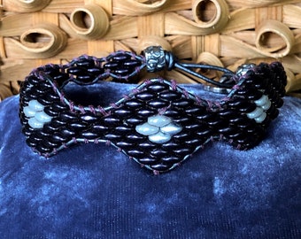 Diamonds and Waves Beaded Leather Bracelet Boho Sundance Style