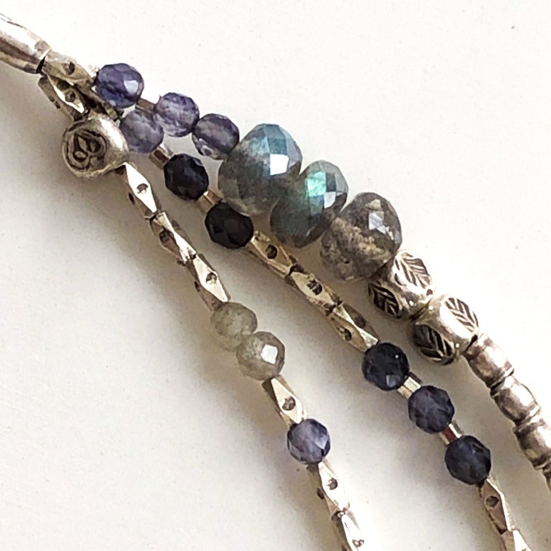 Labradorite Pearl Iolite and Thai Silver Multi Gemstone Three Strand Bracelet with Bronze Leaf Clasp Boho Sundance Style