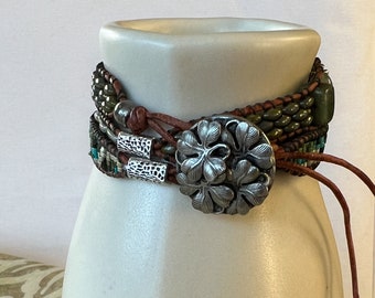 Shades of Green Gemstone Three Wrap Beaded Leather Lucky Clover Bracelet Boho Sundance Style