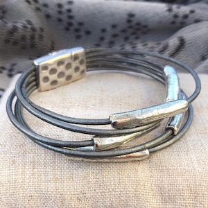 Silver Multi Strand Leather Bracelet with Sliding Tube Beads and Magnetic Clasp Sundance Style