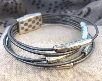 Silver Multi Strand Leather Bracelet with Sliding Tube Beads and Magnetic Clasp Sundance Style