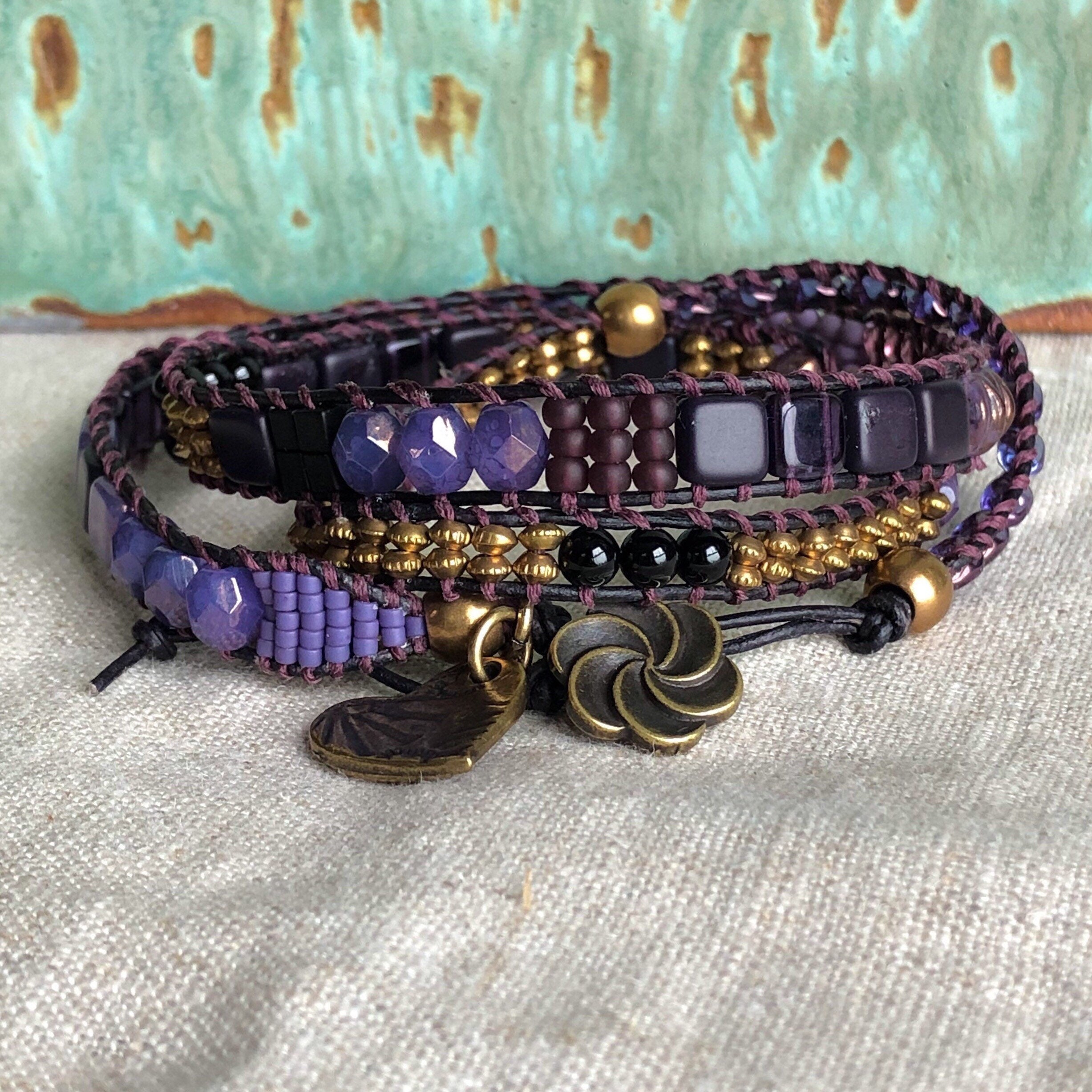 Violet, Brass and Onyx Gemstone Artisan Three Wrap Leather