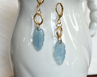 Carved Aquamarine Leaf Gemstone and Gold Dangle Earrings Boho Sundance Style