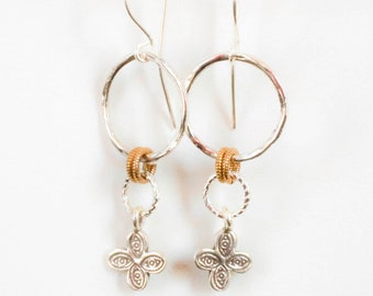 Clover Sterling Silver and Gold Dangle Earrings Boho Sundance Style