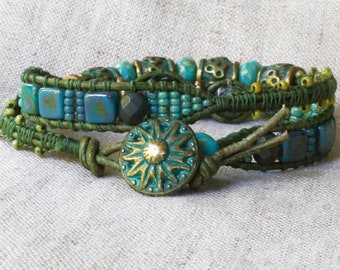 Bronze and Verdigris Brass Leather Beaded Bracelet Sundance Style