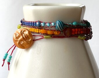 Rainbow Beaded Three Wrap Bracelet Leather Free Boho Sundance Style