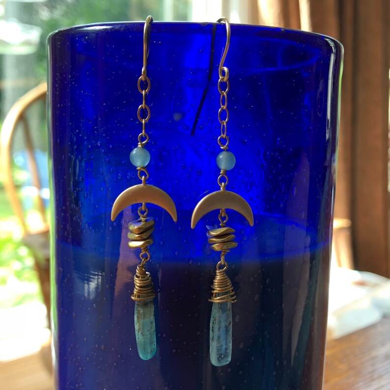 Crescent Moon Drop Kyanite and Apatite Boho Earrings