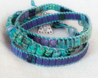 Koi Turquoise Heishi Gemstone Three Wrap Beaded Leather Bracelet Boho Sundance Style -