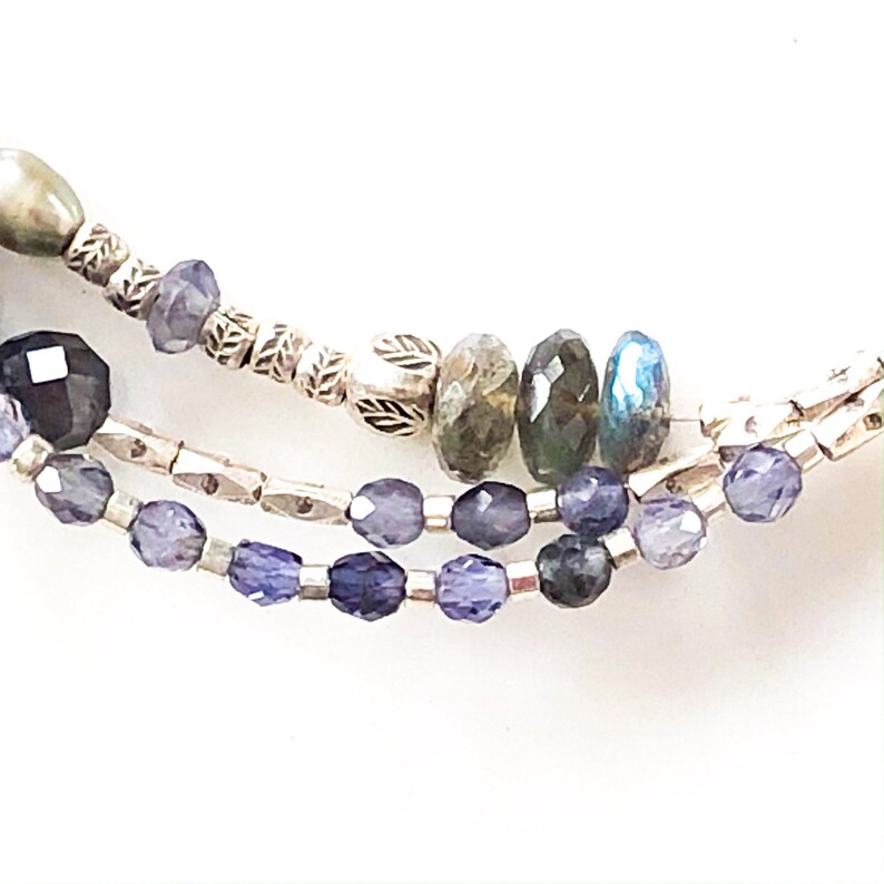 Labradorite Pearl Iolite and Thai Silver Multi Gemstone Three Strand Bracelet with Bronze Leaf Clasp Boho Sundance Style