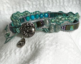 Octopus and Waves Two Wrap Leather Bracelet Boho Sundance Style