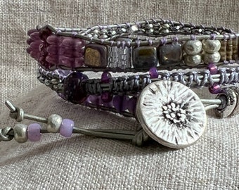 Matte Amethyst Gemstone and Silver Three Wrap Beaded Leather Bracelet Boho Sundance Style