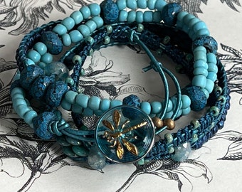 Blue Dragonfly Aqua and Teal Beaded Four Wrap Bracelet Boho Sundance Style