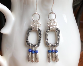 Lapis Lazuli Thai Silver Fringe Dangle Earrings with Sterling Silver French Ear Wires Boho Sundance Style