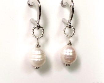 Baroque Pearl Earrings / Silver / Grecian Hoop / Elegant / Post / Boho Sundance Style