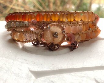 Peach Apricot Rose Multi Gemstone Beaded Four Wrap Leather Bracelet Boho Sundance Style