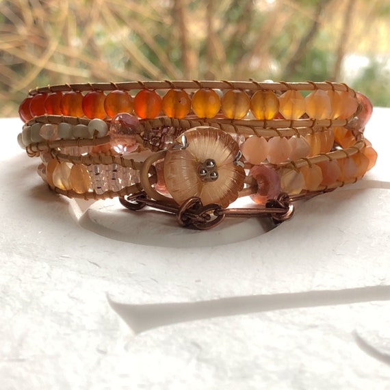 Peach Apricot Rose Multi Gemstone Beaded Four Wrap Leather  display picture 1